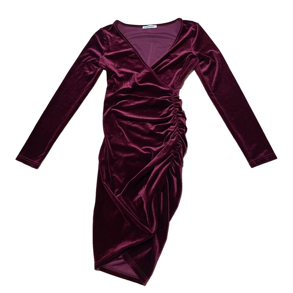 Guberry Velour Red Velvet Bodycon Dress Women XS Y2k Burgundy Jewel Fairy Ruched